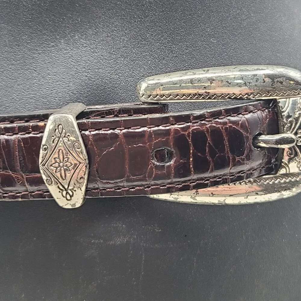 Vtg Brighton Croc Embossed Belt Brown Silver Buckle
